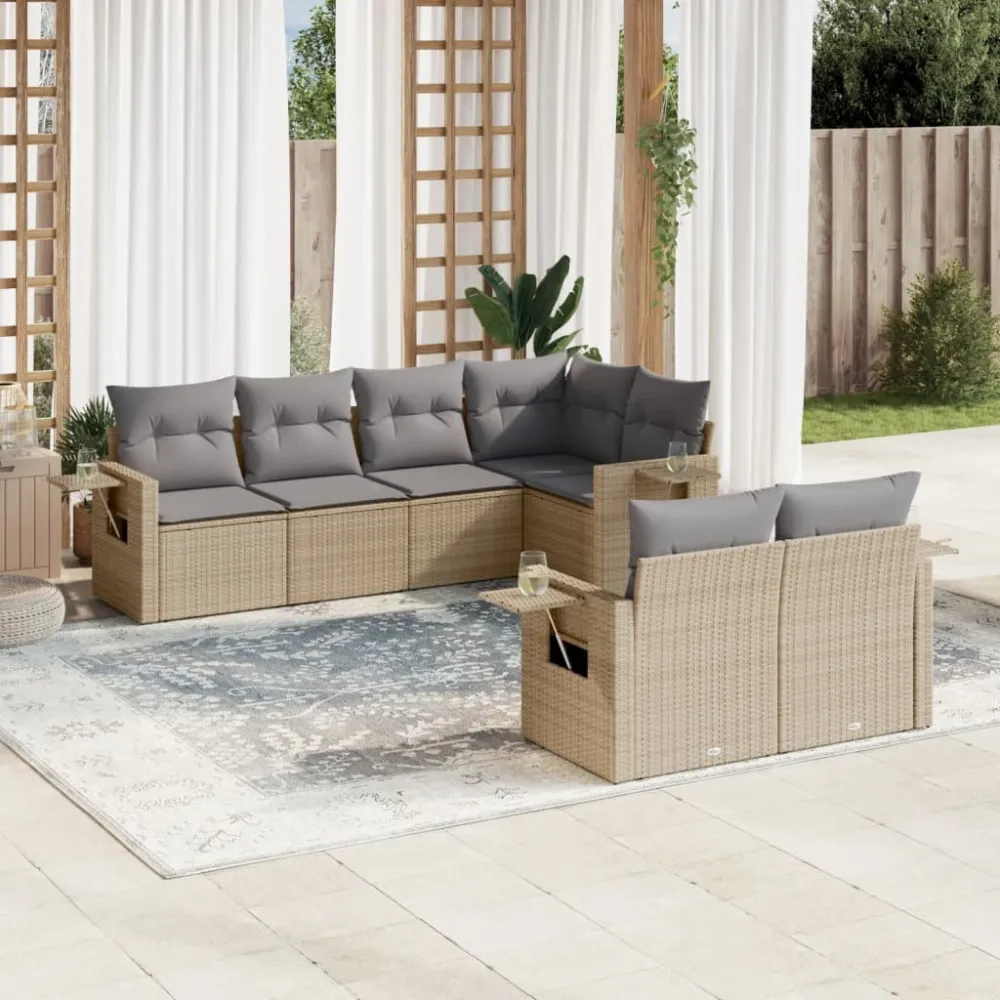 7-delige Loungeset met kussens poly rattan beige vidaXL