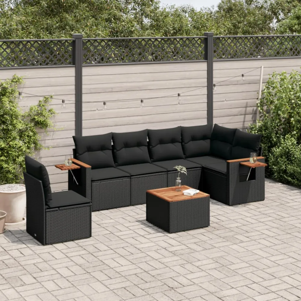 7-delige Loungeset met kussens poly rattan zwart vidaXL
