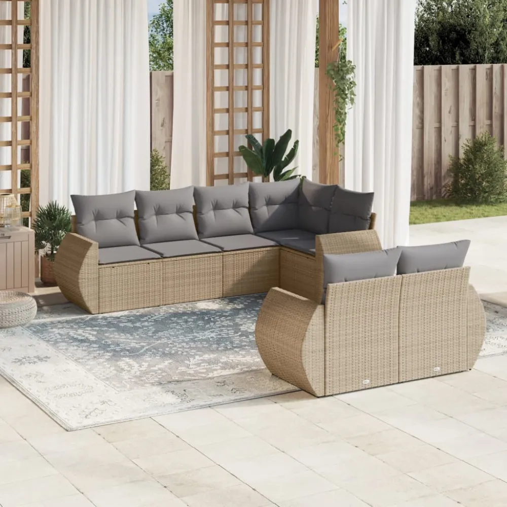 7-delige Loungeset met kussens poly rattan beige vidaXL