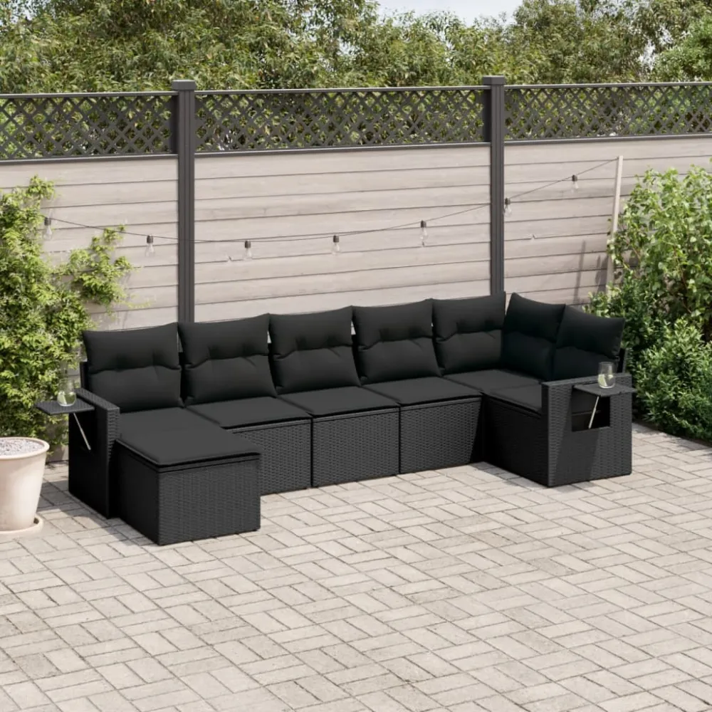 7-delige Loungeset met kussens poly rattan zwart vidaXL