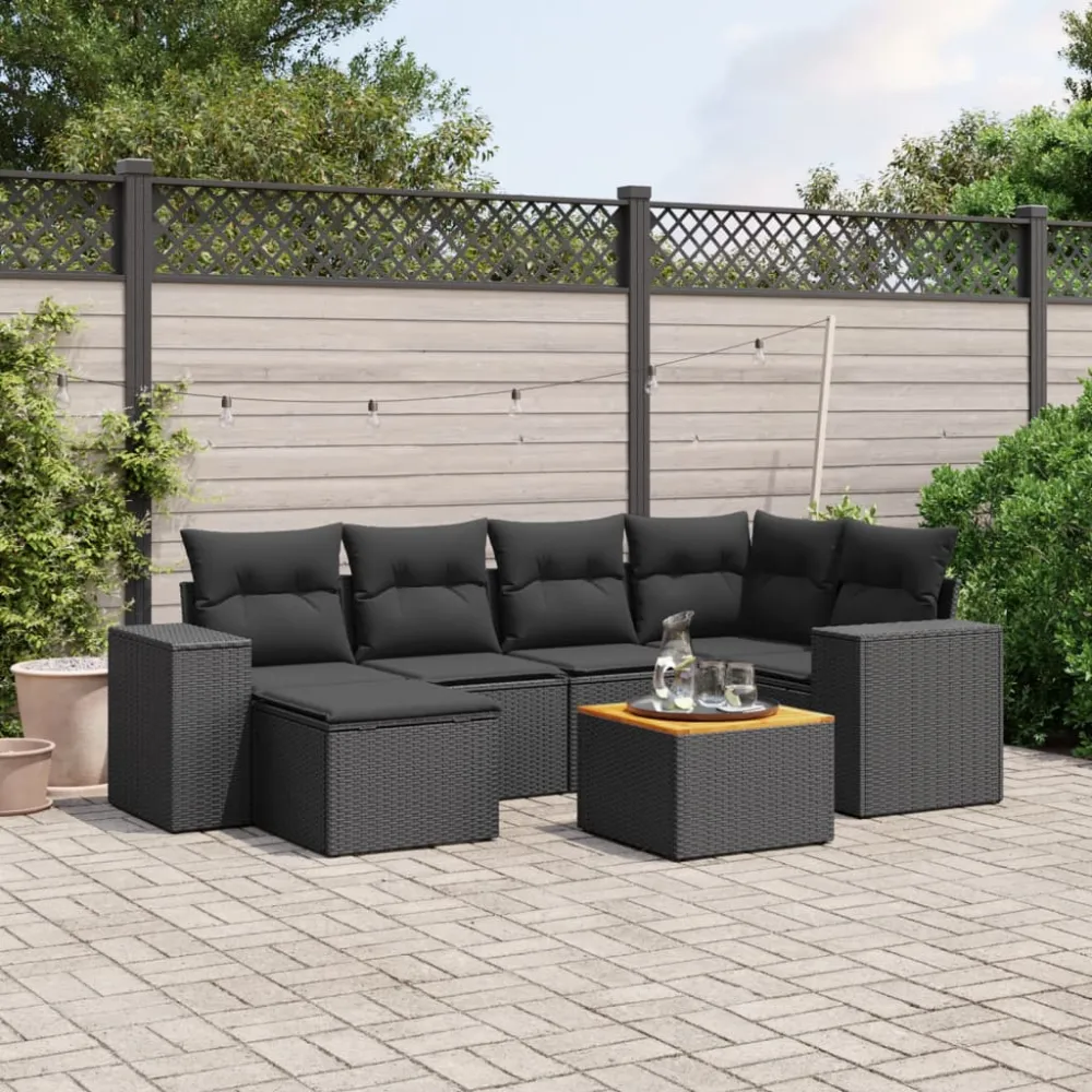 7-delige Loungeset met kussens poly rattan zwart vidaXL