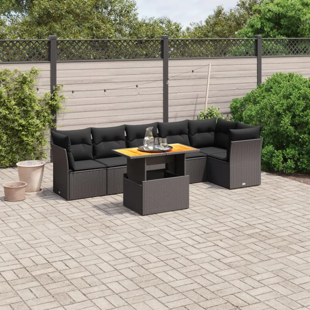 7-delige Loungeset met kussens poly rattan zwart vidaXL