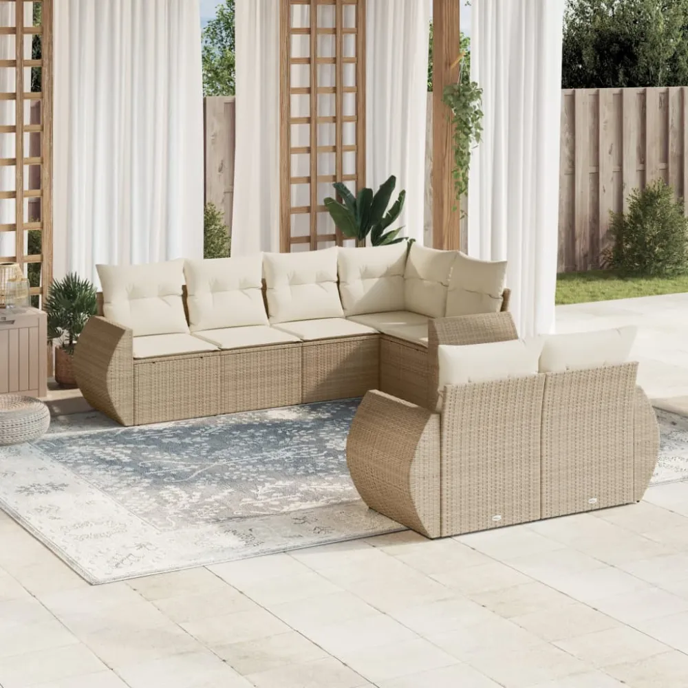 7-delige Loungeset met kussens poly rattan beige vidaXL