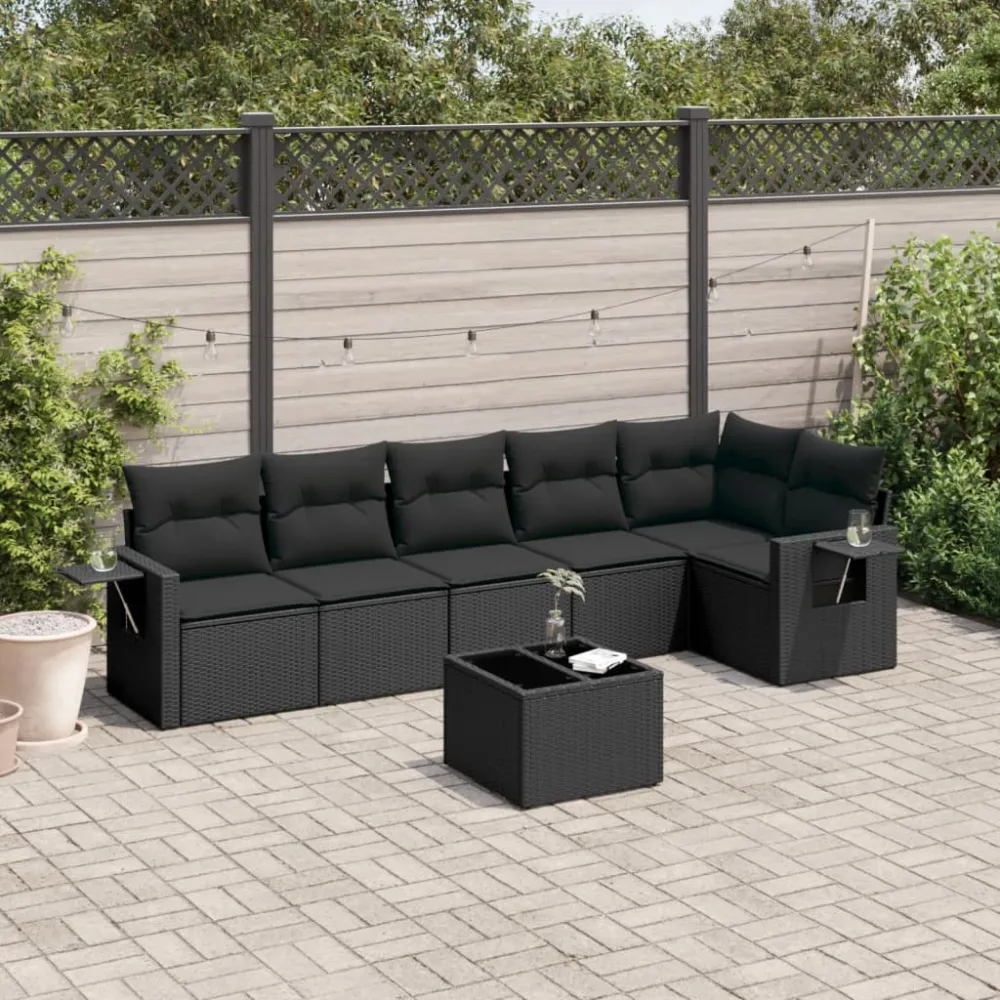 7-delige Loungeset met kussens poly rattan zwart vidaXL