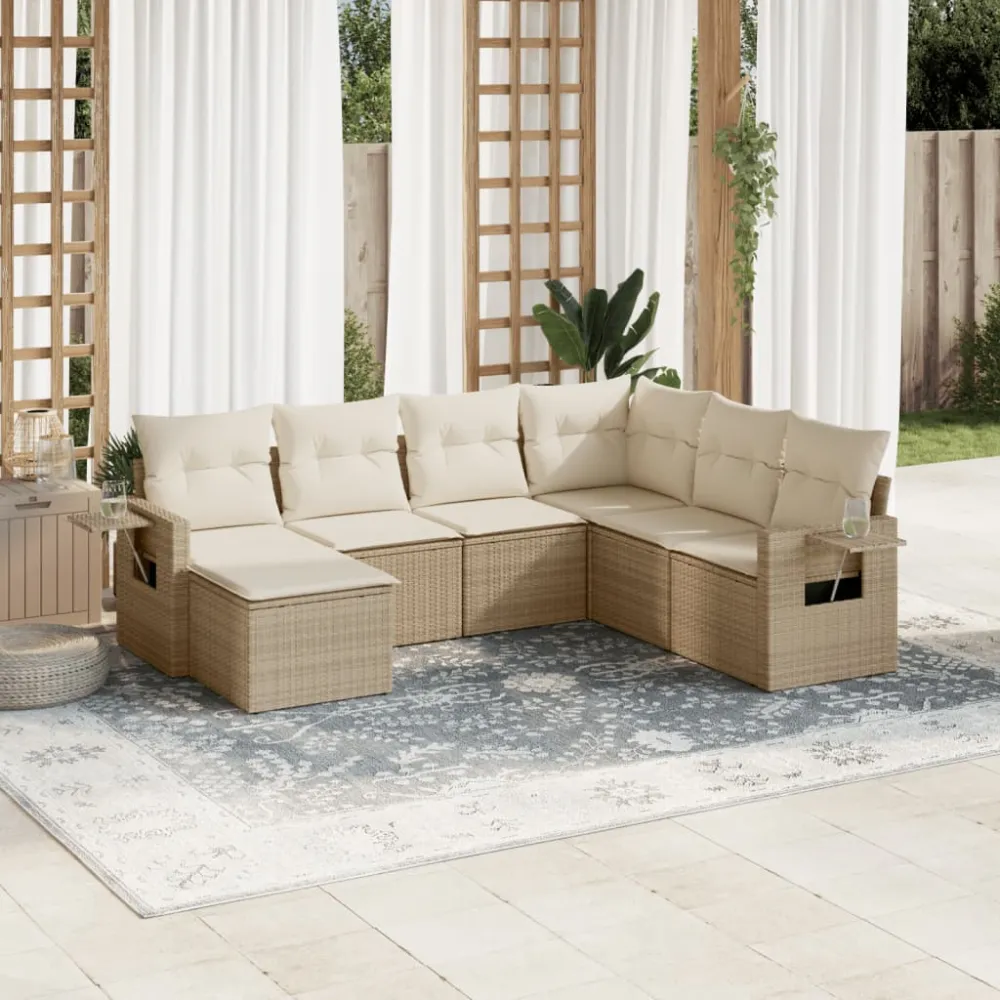7-delige Loungeset met kussens poly rattan beige vidaXL