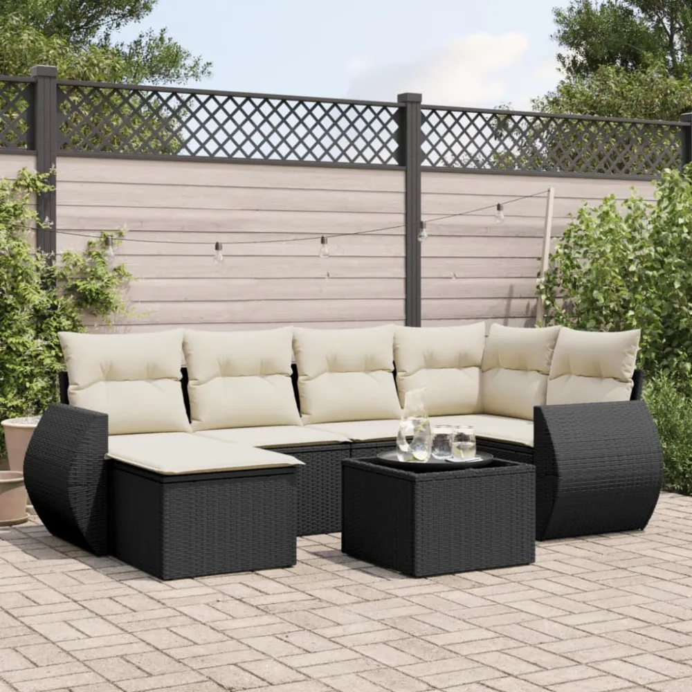 7-delige Loungeset met kussens poly rattan zwart vidaXL