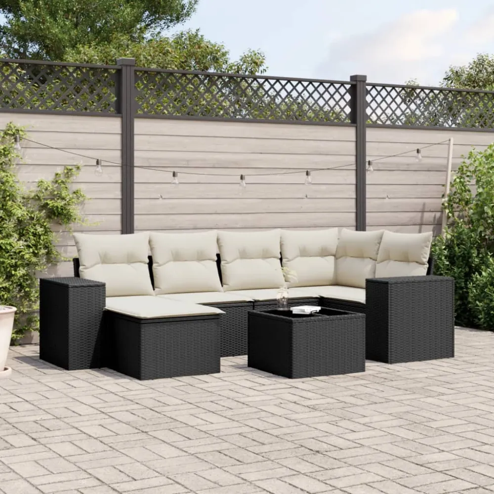 7-delige Loungeset met kussens poly rattan zwart vidaXL