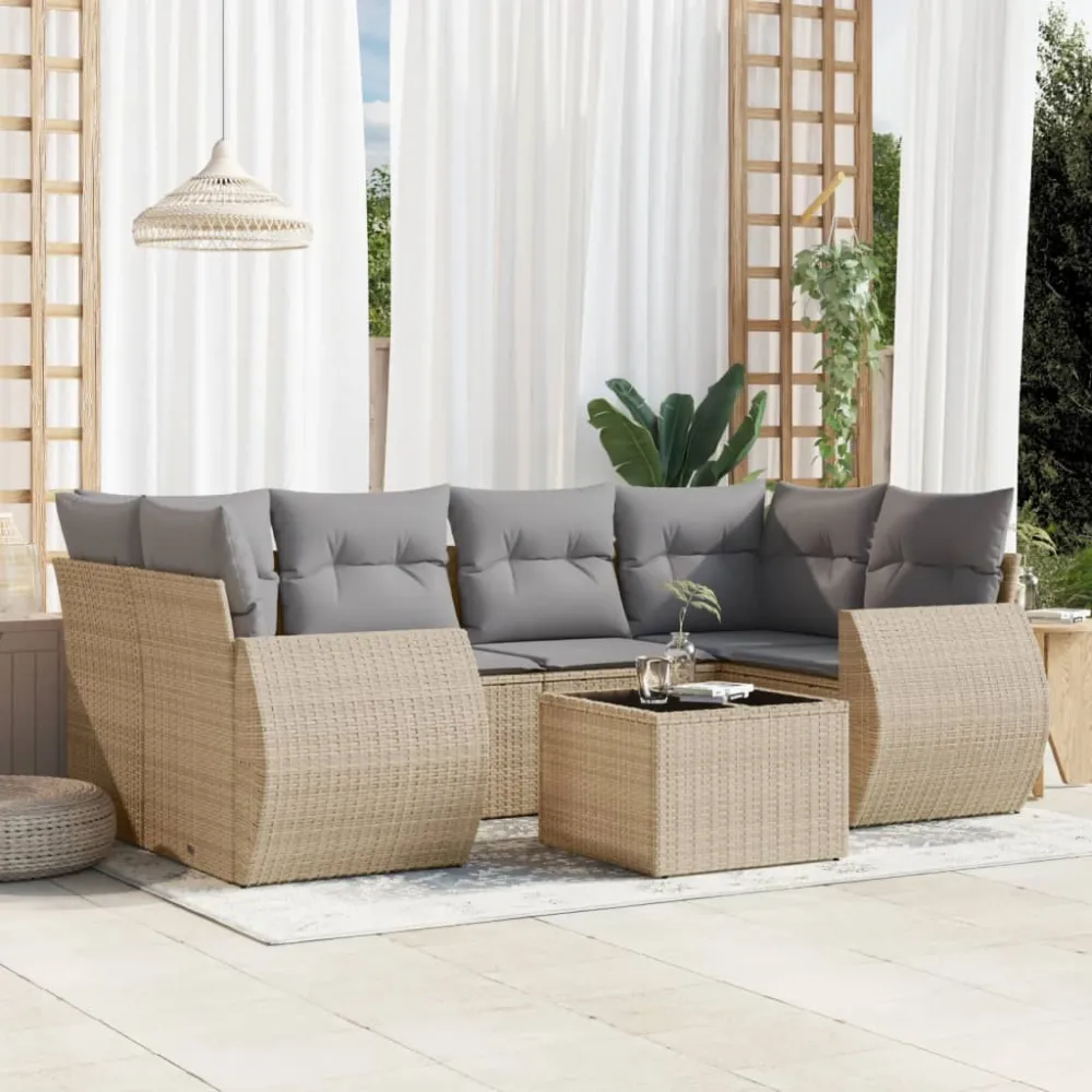 7-delige Loungeset met kussens poly rattan beige vidaXL
