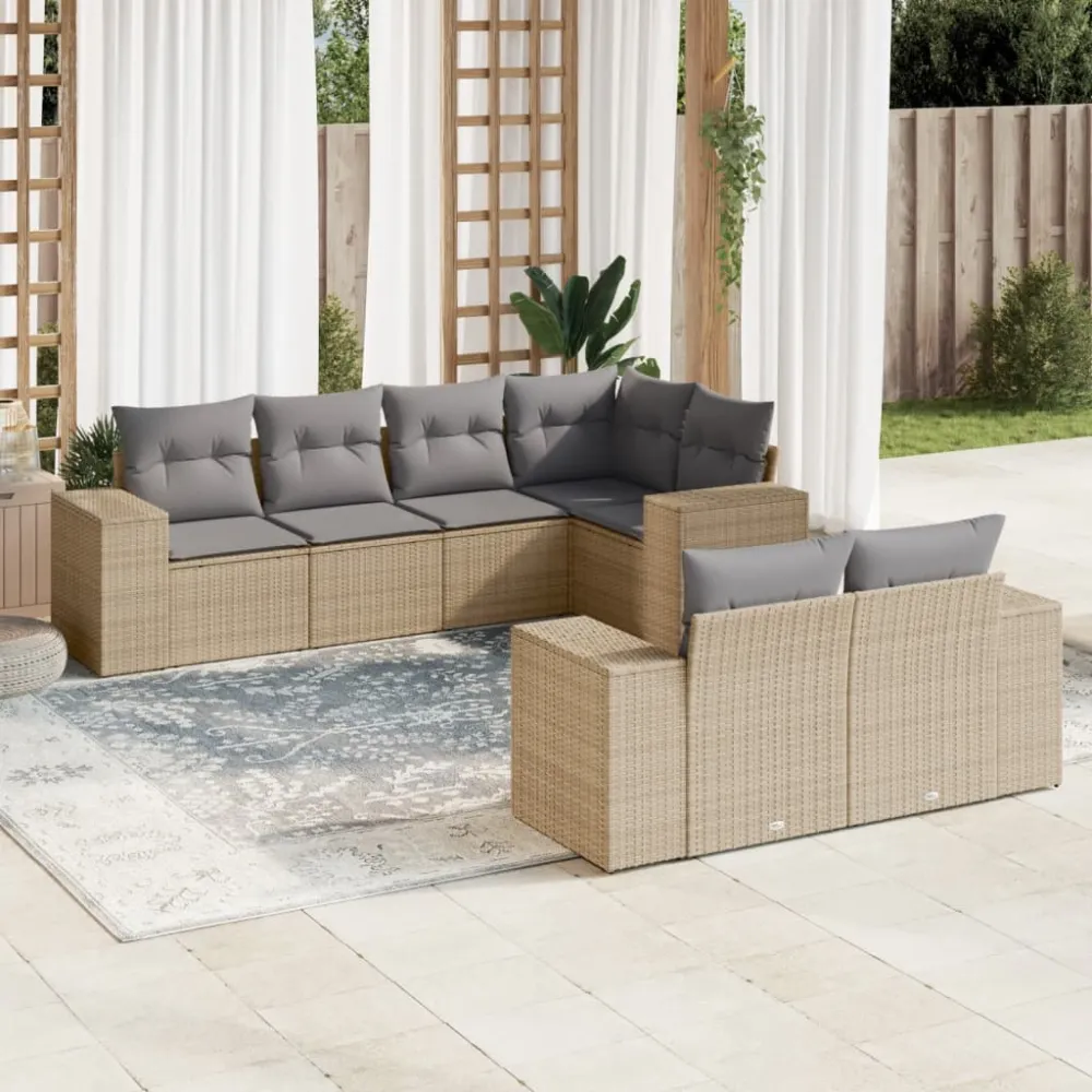 7-delige Loungeset met kussens poly rattan beige vidaXL