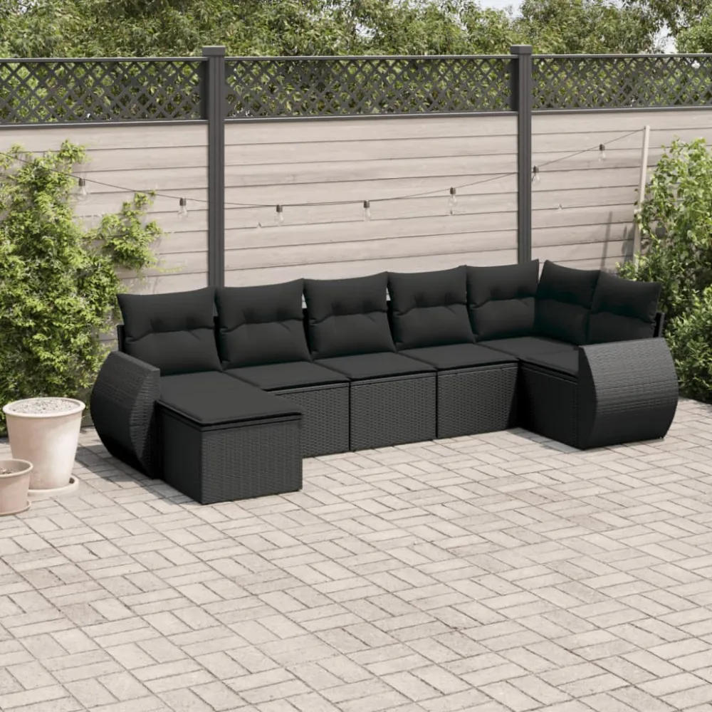 7-delige Loungeset met kussens poly rattan zwart vidaXL