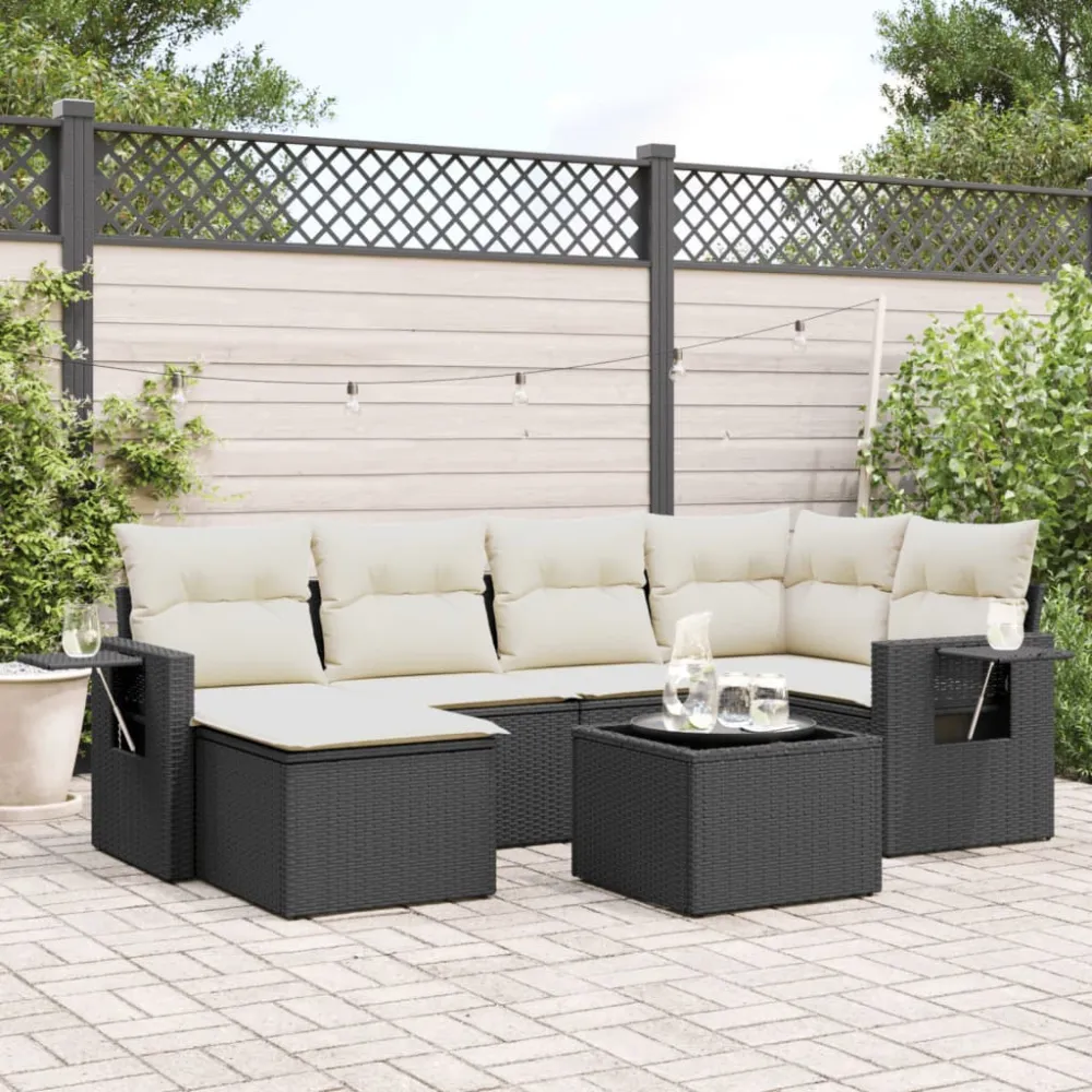 7-delige Loungeset met kussens poly rattan zwart vidaXL