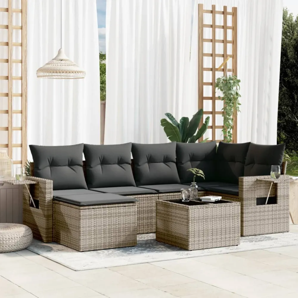 7-delige Loungeset met kussens poly rattan grijs vidaXL