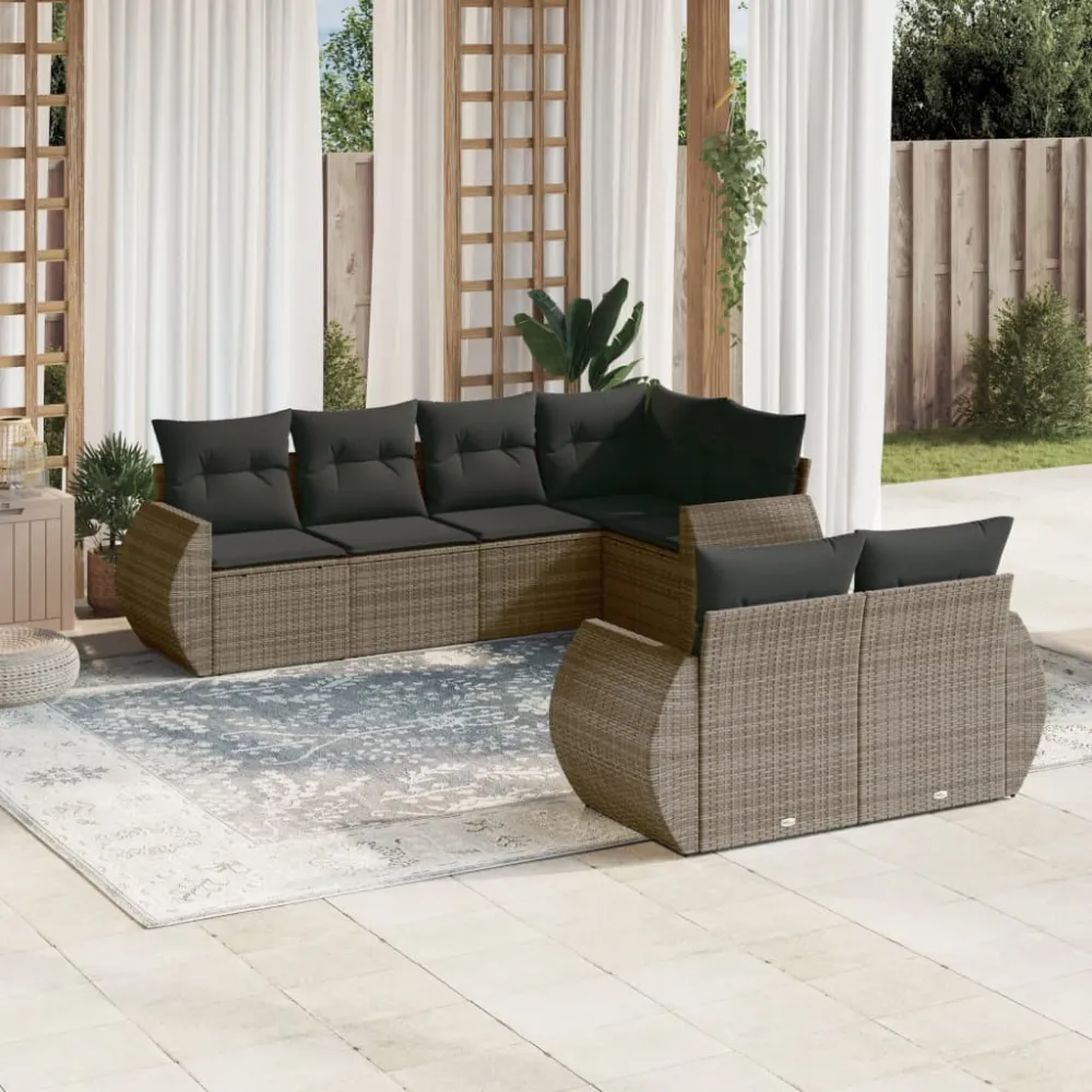 7-delige Loungeset met kussens poly rattan grijs vidaXL