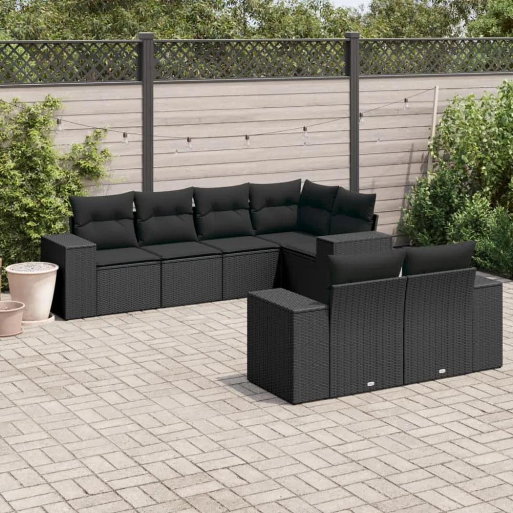 7-delige Loungeset met kussens poly rattan zwart vidaXL