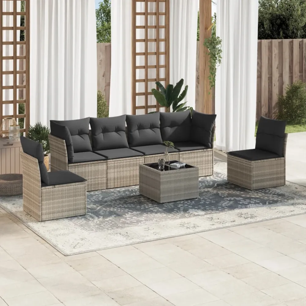 7-delige Loungeset met kussens poly rattan lichtgrijs vidaXL