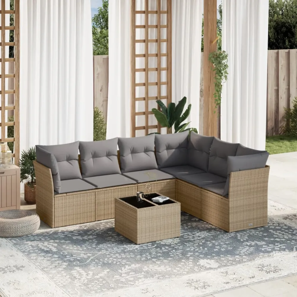 7-delige Loungeset met kussens poly rattan beige vidaXL