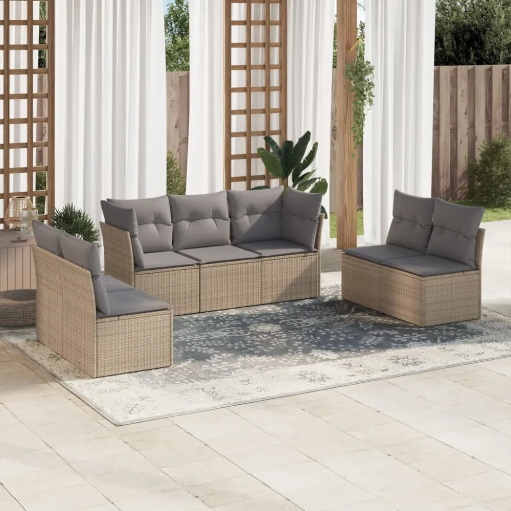 7-delige Loungeset met kussens poly rattan beige vidaXL