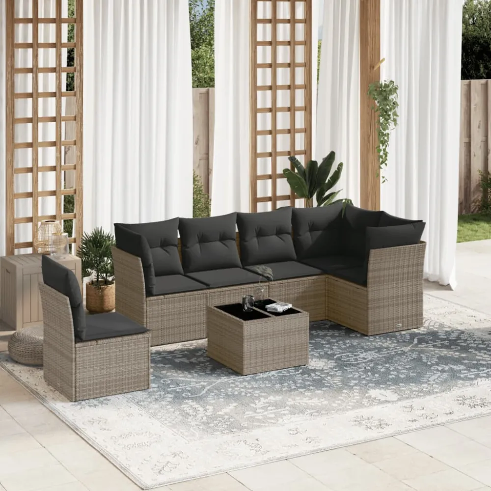 7-delige Loungeset met kussens poly rattan grijs vidaXL