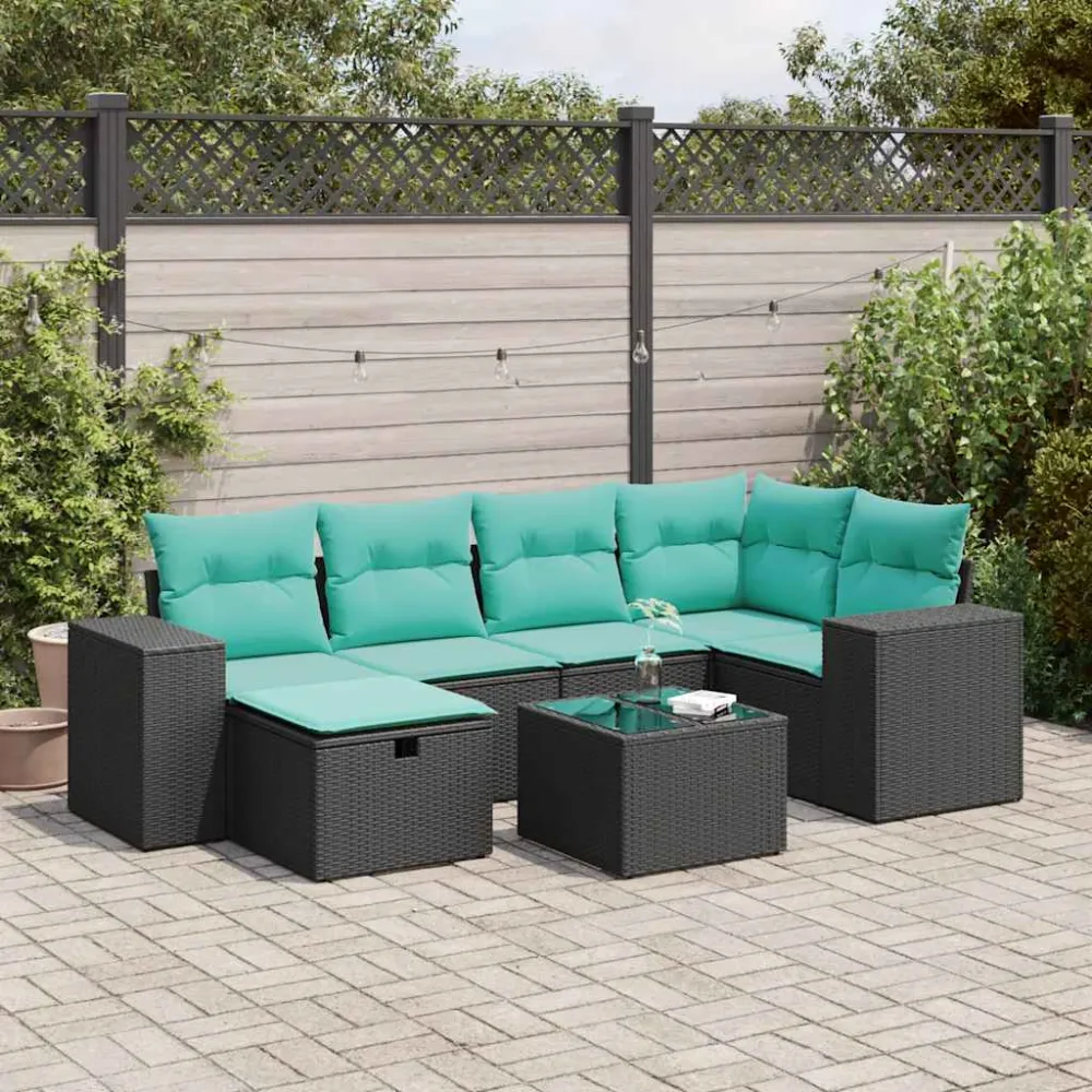 7-delige Loungeset met kussens poly rattan zwart vidaXL