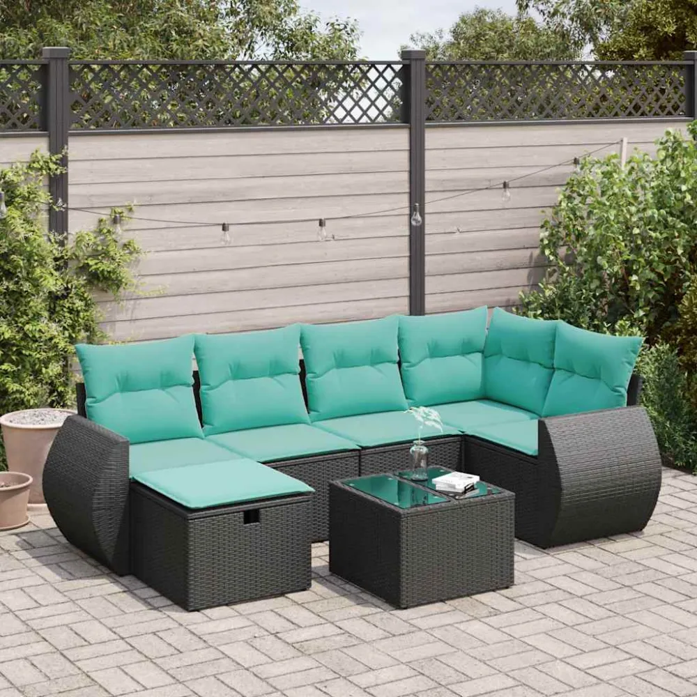 7-delige Loungeset met kussens poly rattan zwart vidaXL