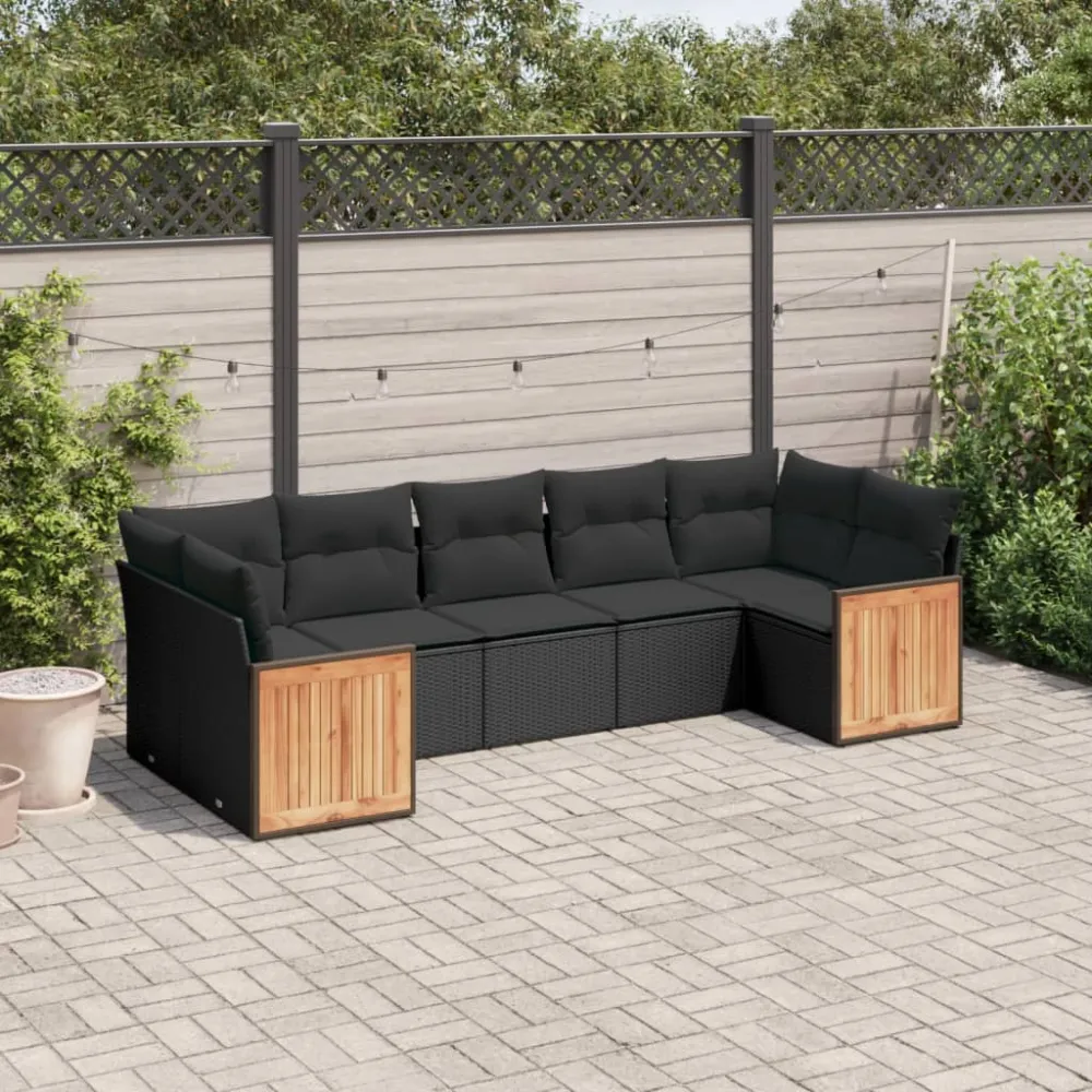 7-delige Loungeset met kussens poly rattan zwart vidaXL