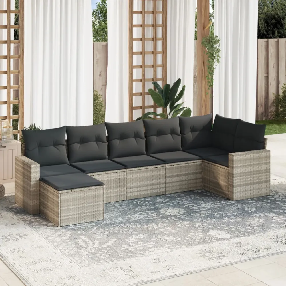 7-delige Loungeset met kussens poly rattan lichtgrijs vidaXL