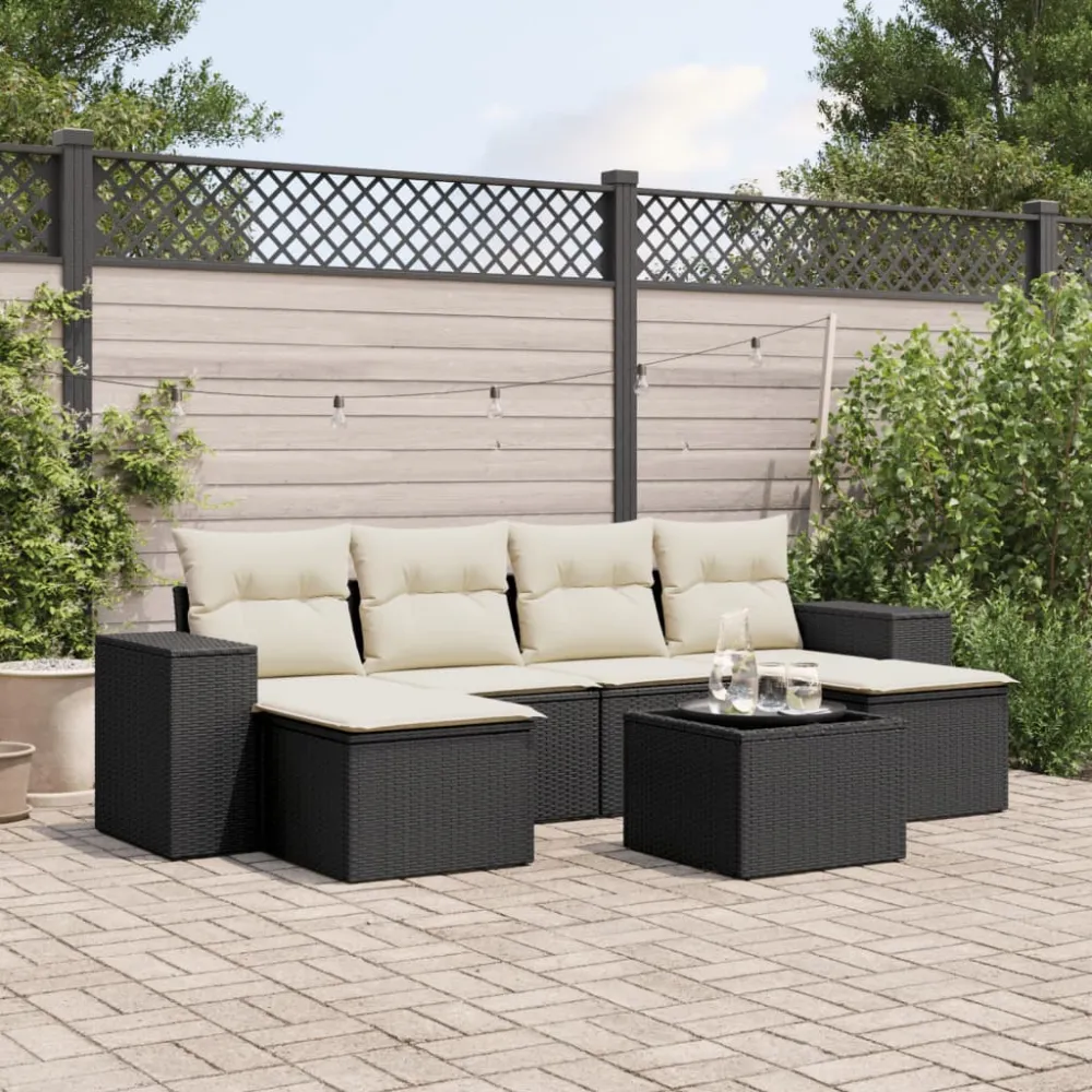 7-delige Loungeset met kussens poly rattan zwart vidaXL