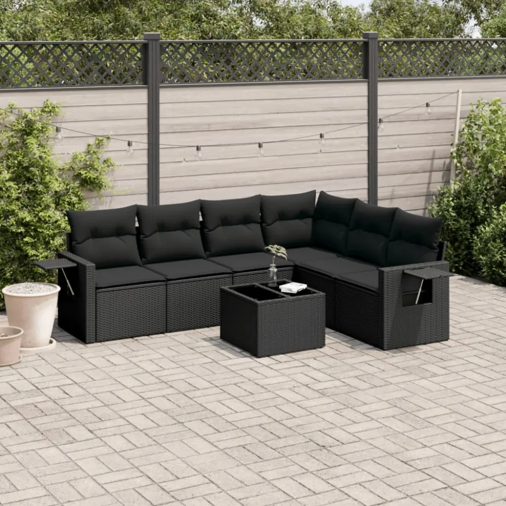 7-delige Loungeset met kussens poly rattan zwart vidaXL