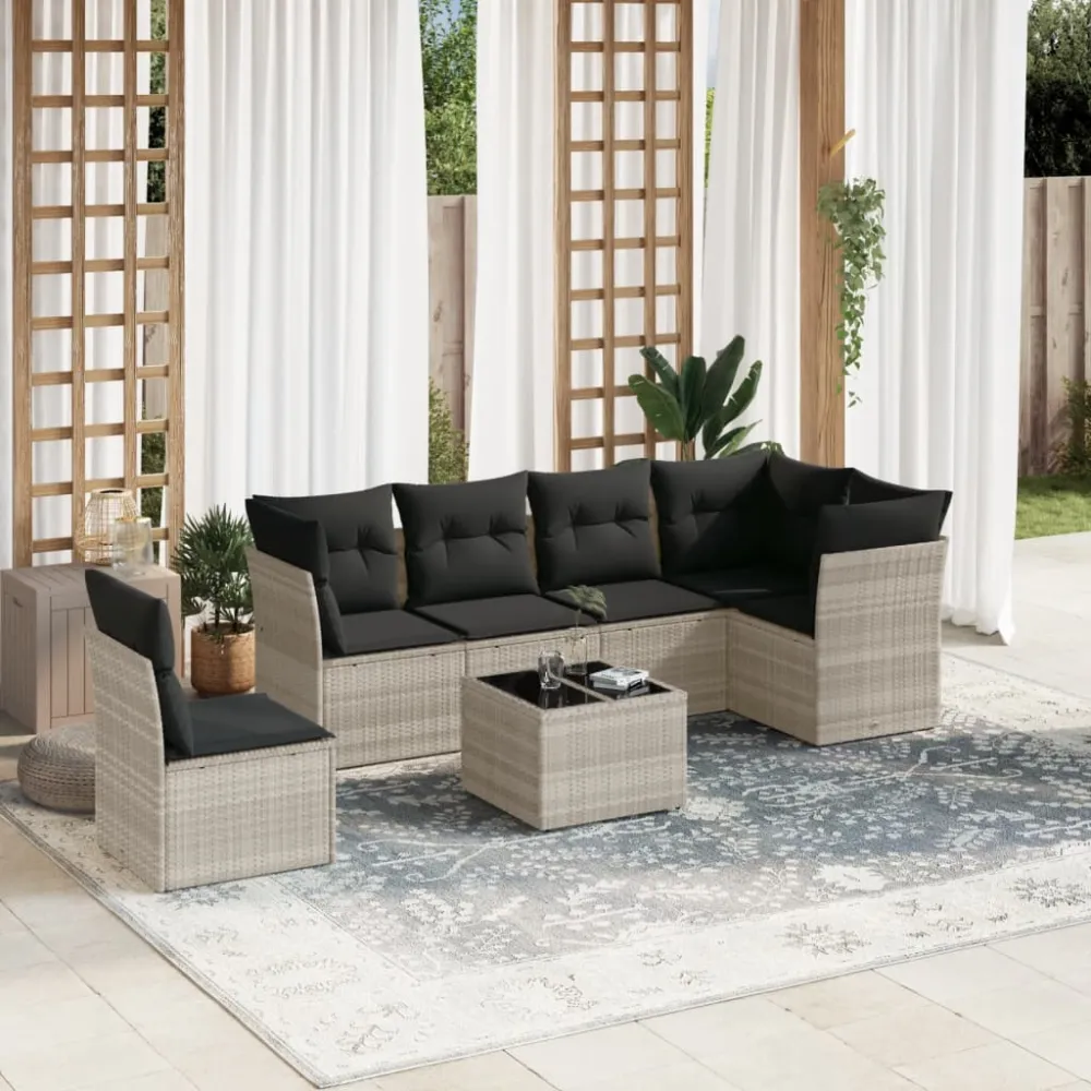 7-delige Loungeset met kussens poly rattan lichtgrijs vidaXL