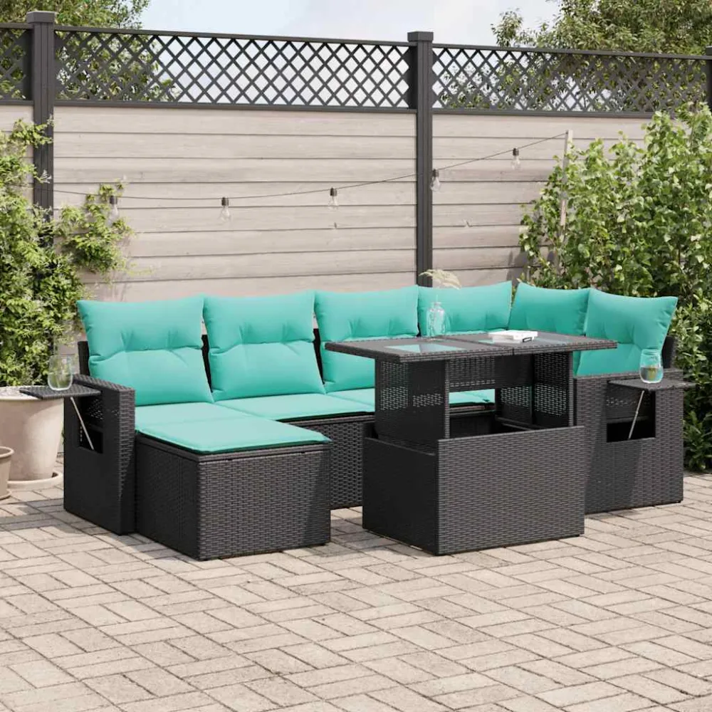 7-delige tuinbankset met kussens, zwart polyrotan en acacia vidaXL