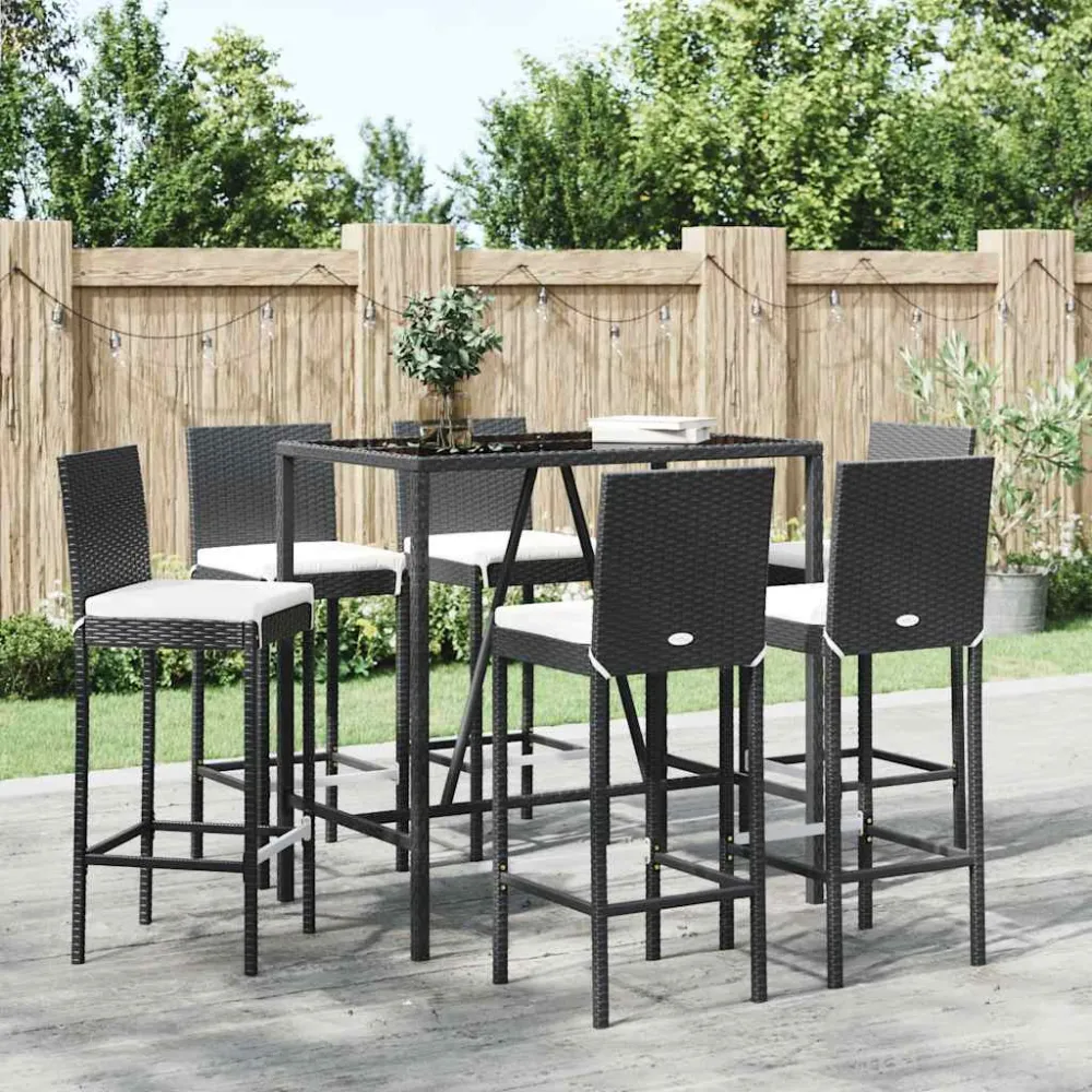 7-delige Tuinbarset met kussens poly rattan zwart vidaXL