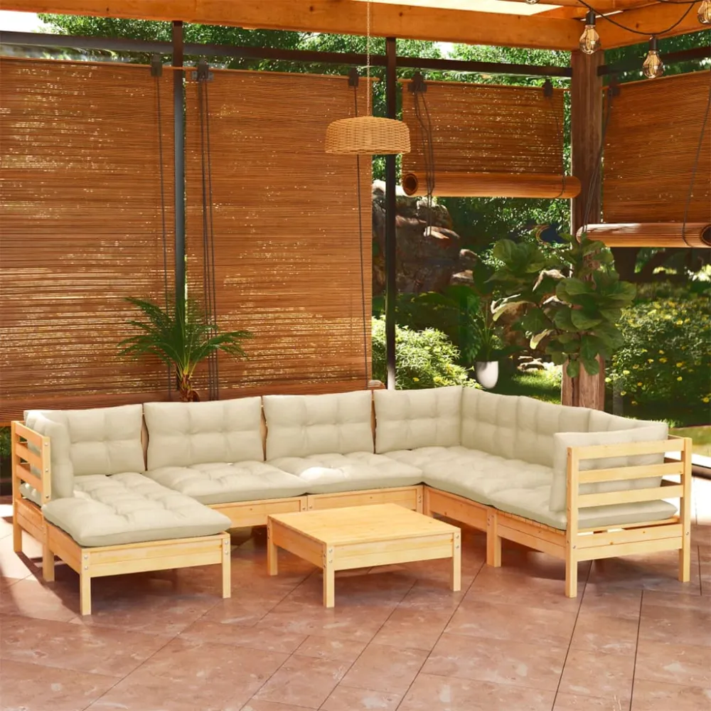 8-delige Loungeset met crèmekleurige kussens massief grenenhout vidaXL