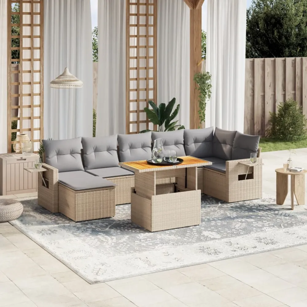 8-delige Loungeset met kussens poly rattan beige vidaXL