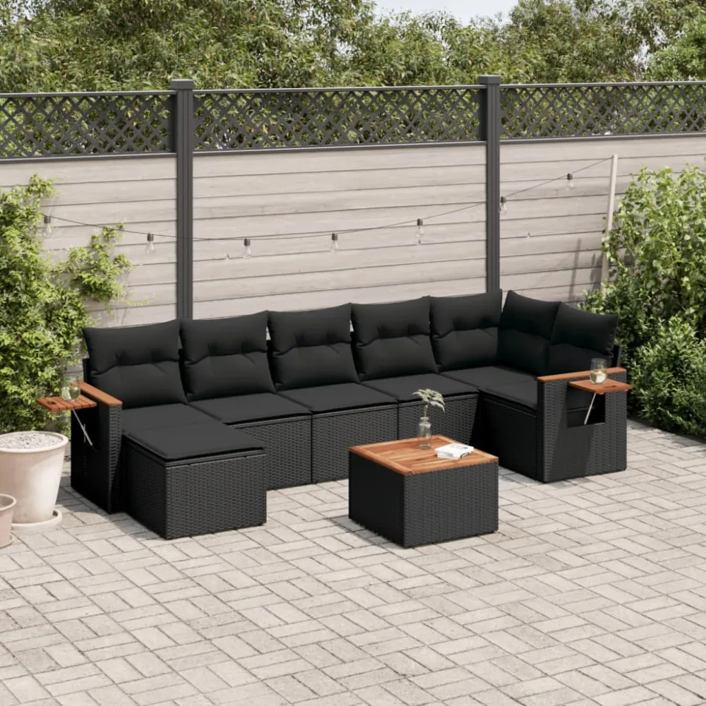 8-delige Loungeset met kussens poly rattan zwart vidaXL