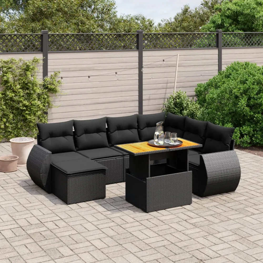 8-delige Loungeset met kussens poly rattan zwart vidaXL