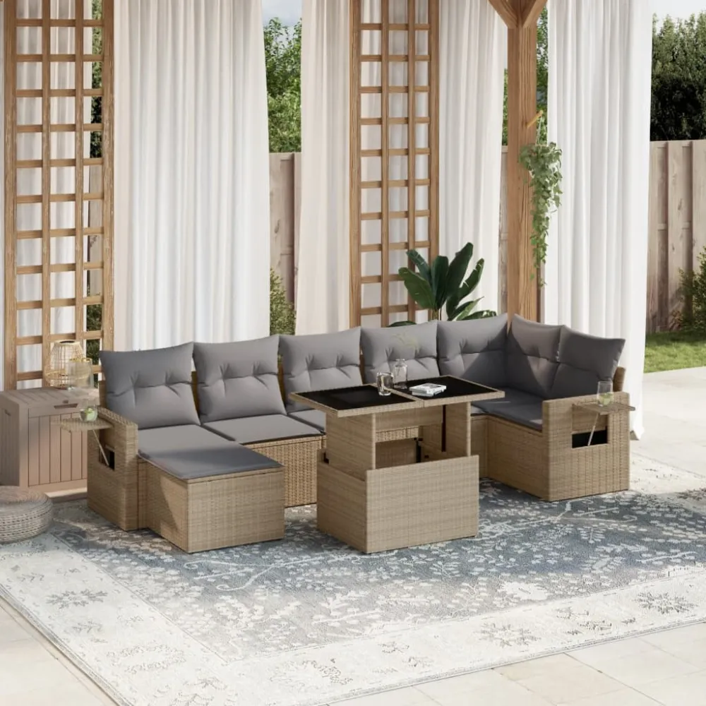 8-delige Loungeset met kussens poly rattan beige vidaXL