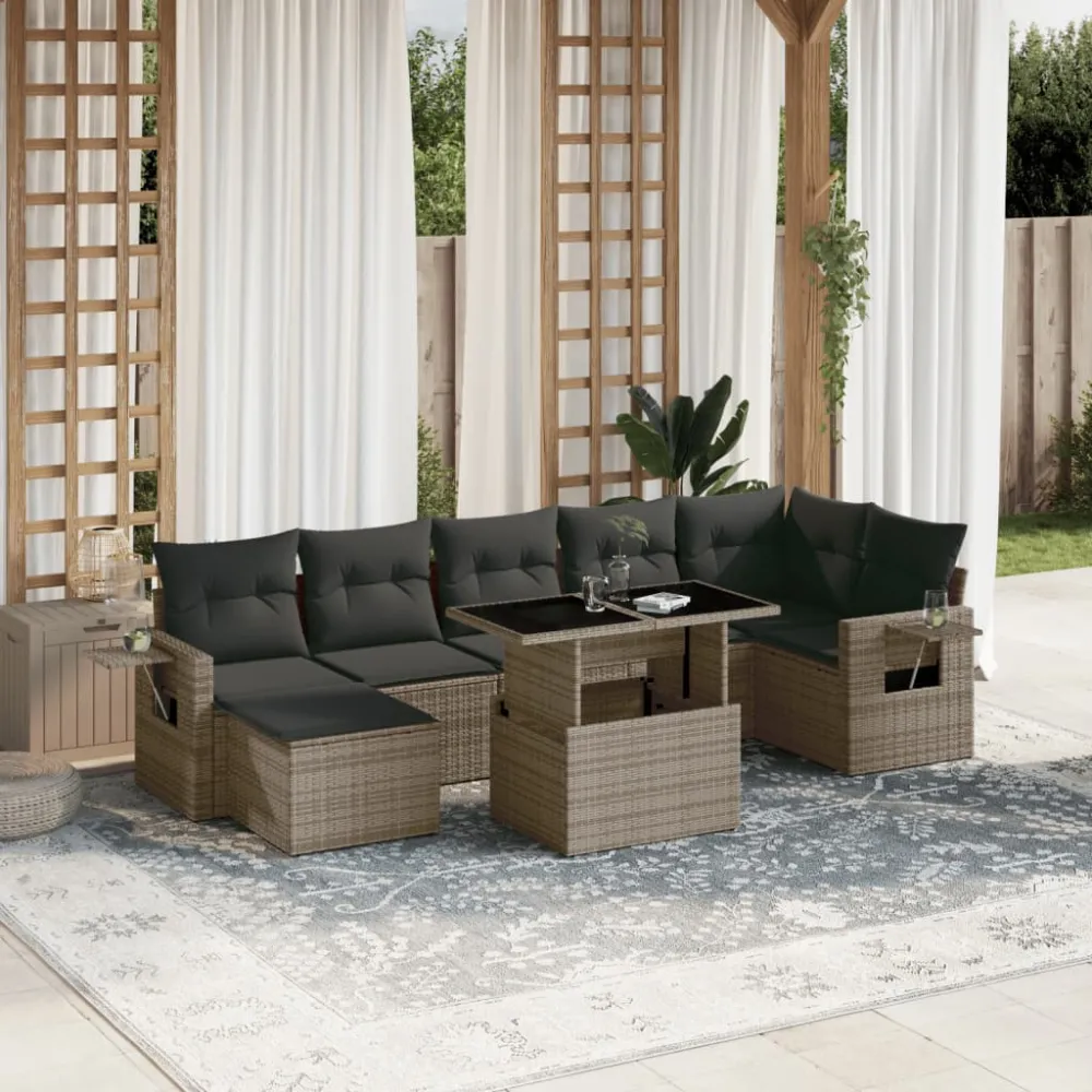 8-delige Loungeset met kussens poly rattan grijs vidaXL