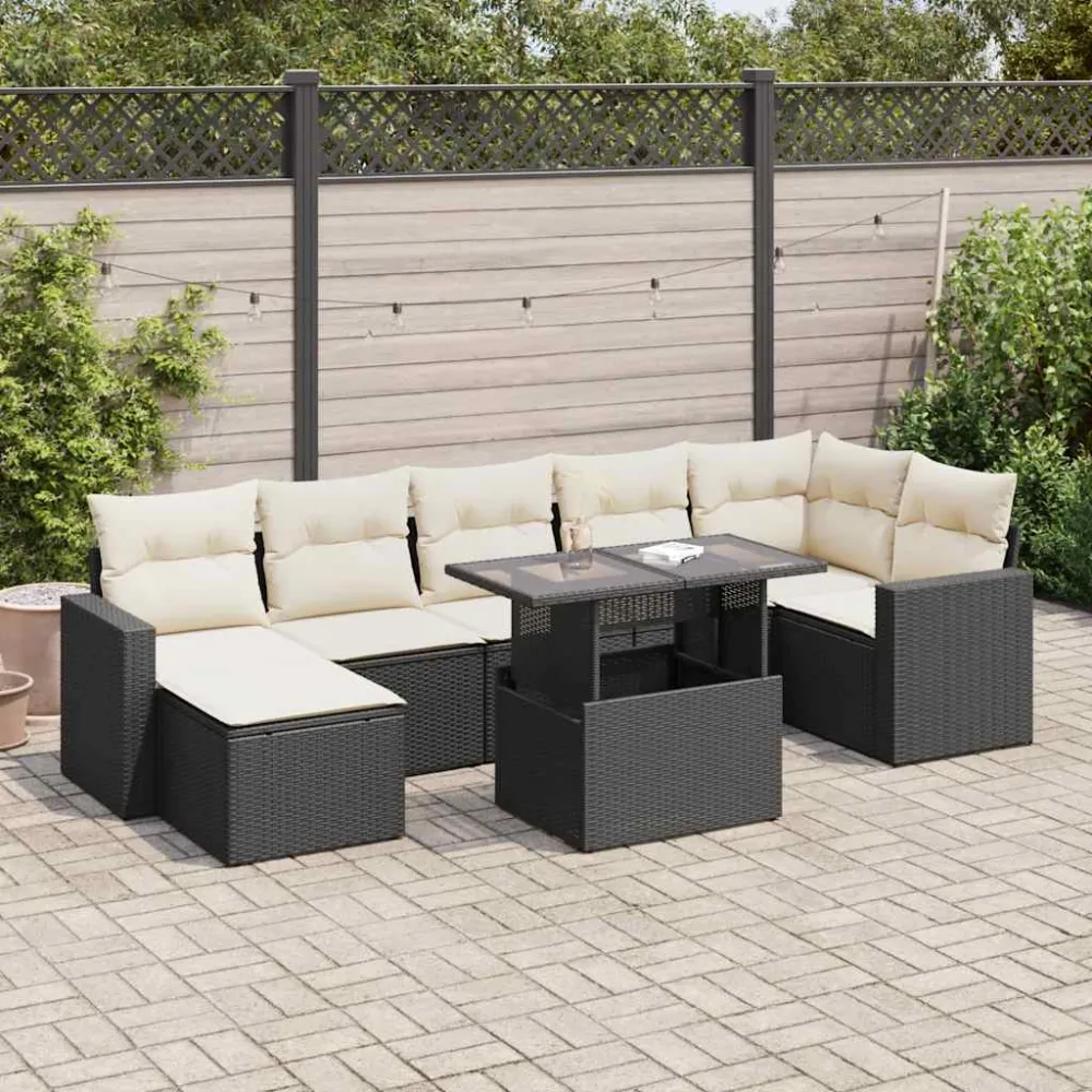 8-delige Loungeset met kussens poly rattan zwart vidaXL