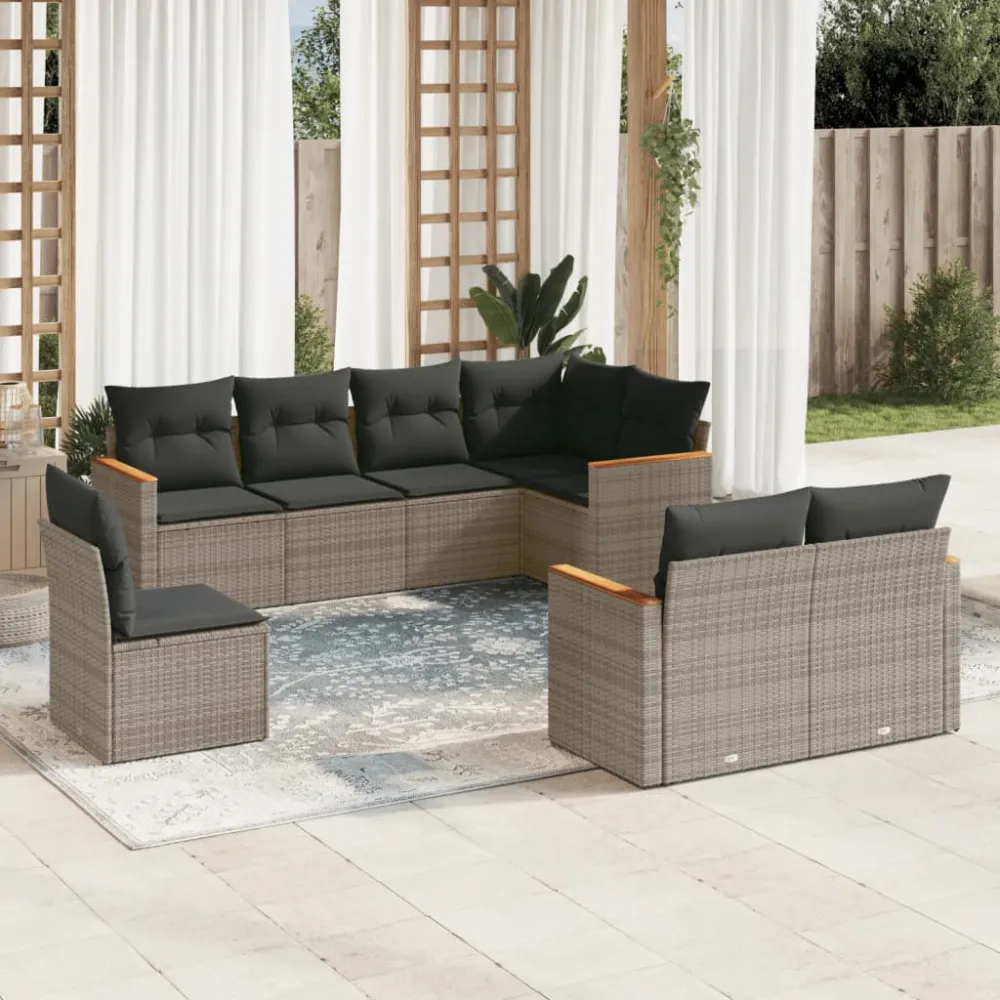 8-delige Loungeset met kussens poly rattan grijs vidaXL
