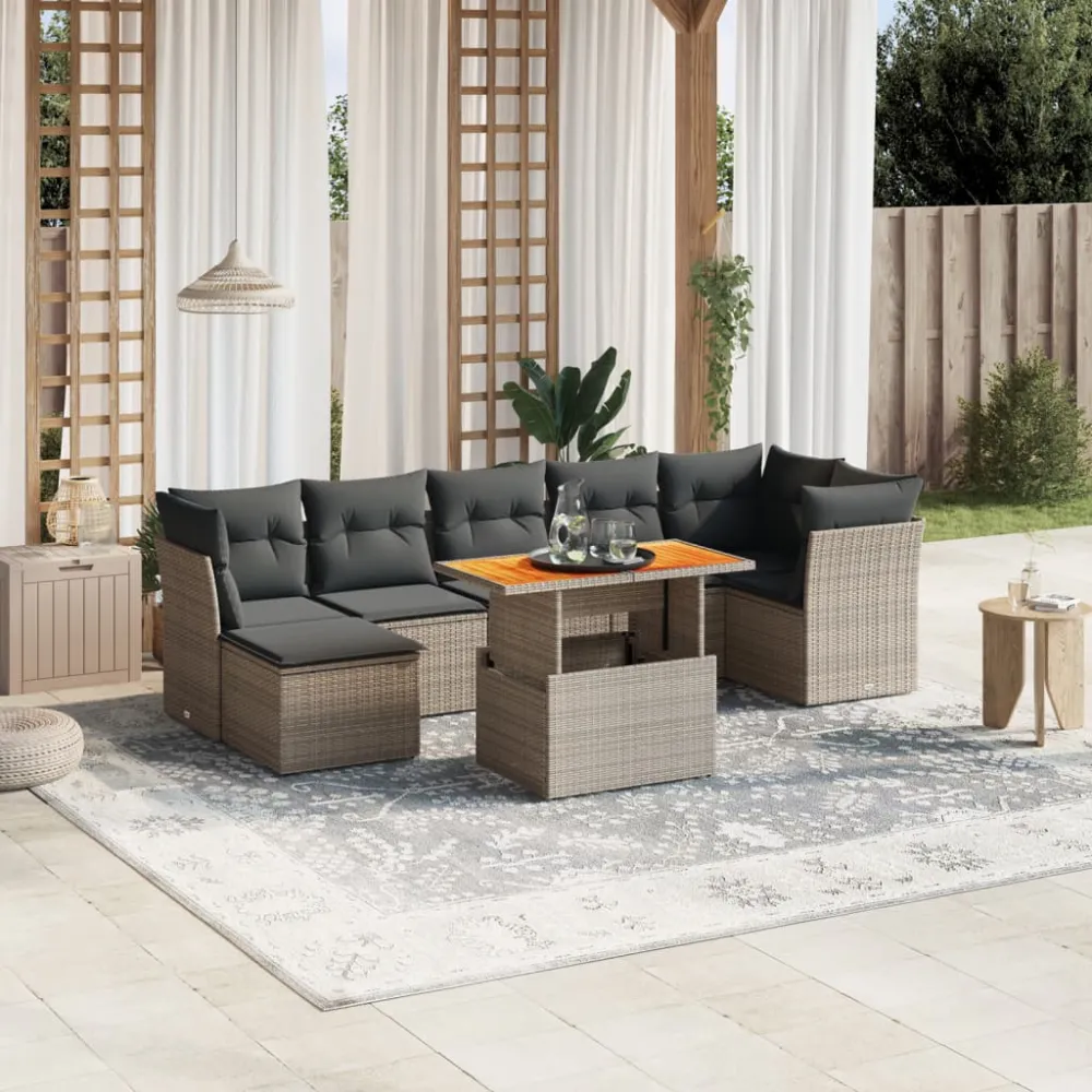 8-delige Loungeset met kussens poly rattan grijs vidaXL