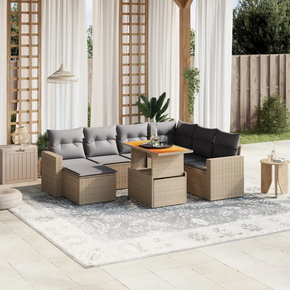 8-delige Loungeset met kussens poly rattan beige vidaXL