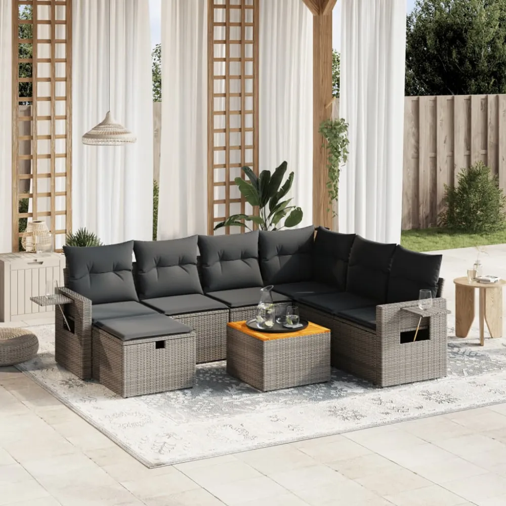 8-delige Loungeset met kussens poly rattan grijs vidaXL