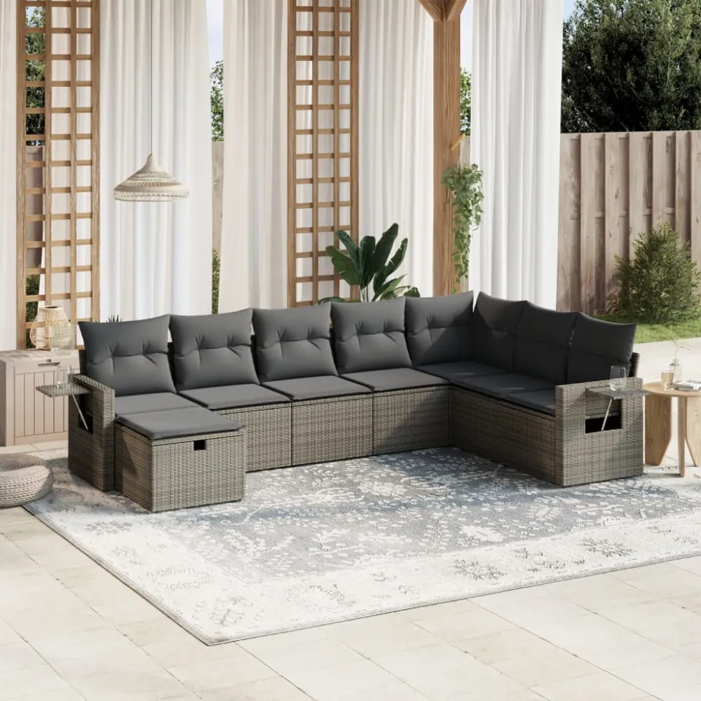 8-delige Loungeset met kussens poly rattan grijs vidaXL