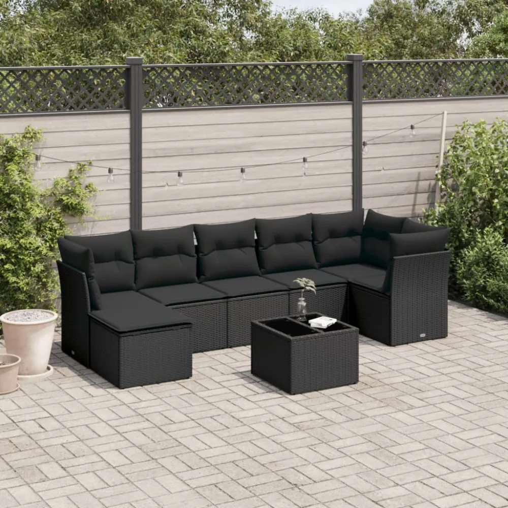 8-delige Loungeset met kussens poly rattan zwart vidaXL