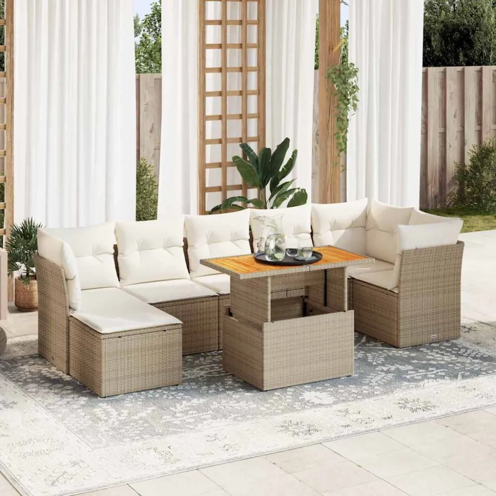 8-delige Loungeset met kussens poly rattan beige vidaXL