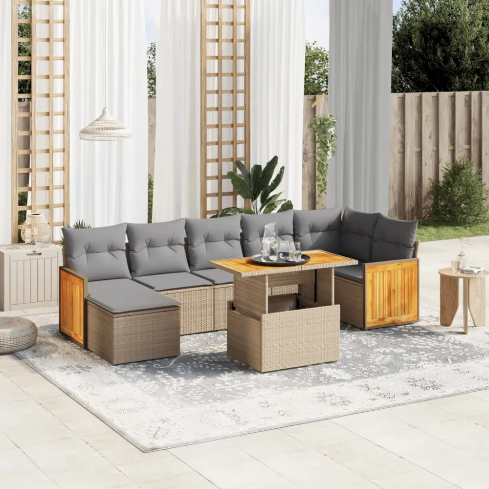 8-delige Loungeset met kussens poly rattan beige vidaXL