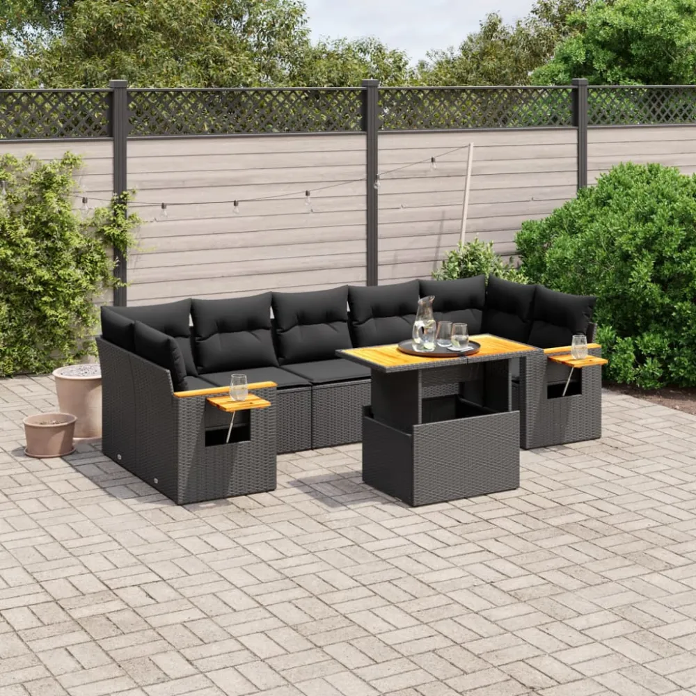 8-delige Loungeset met kussens poly rattan zwart vidaXL