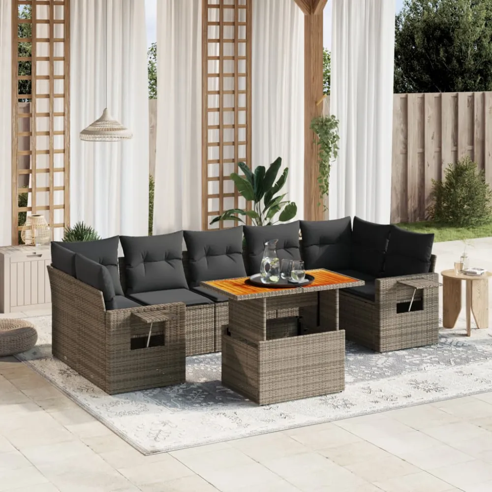 8-delige Loungeset met kussens poly rattan grijs vidaXL