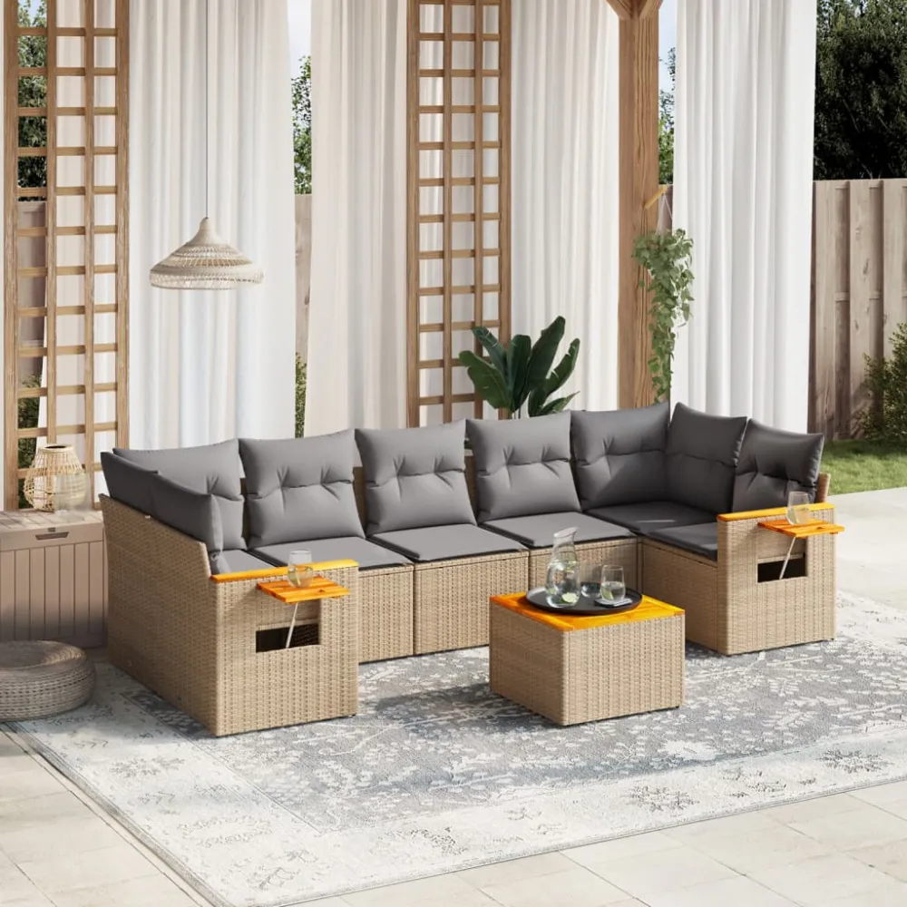 8-delige Loungeset met kussens poly rattan beige vidaXL