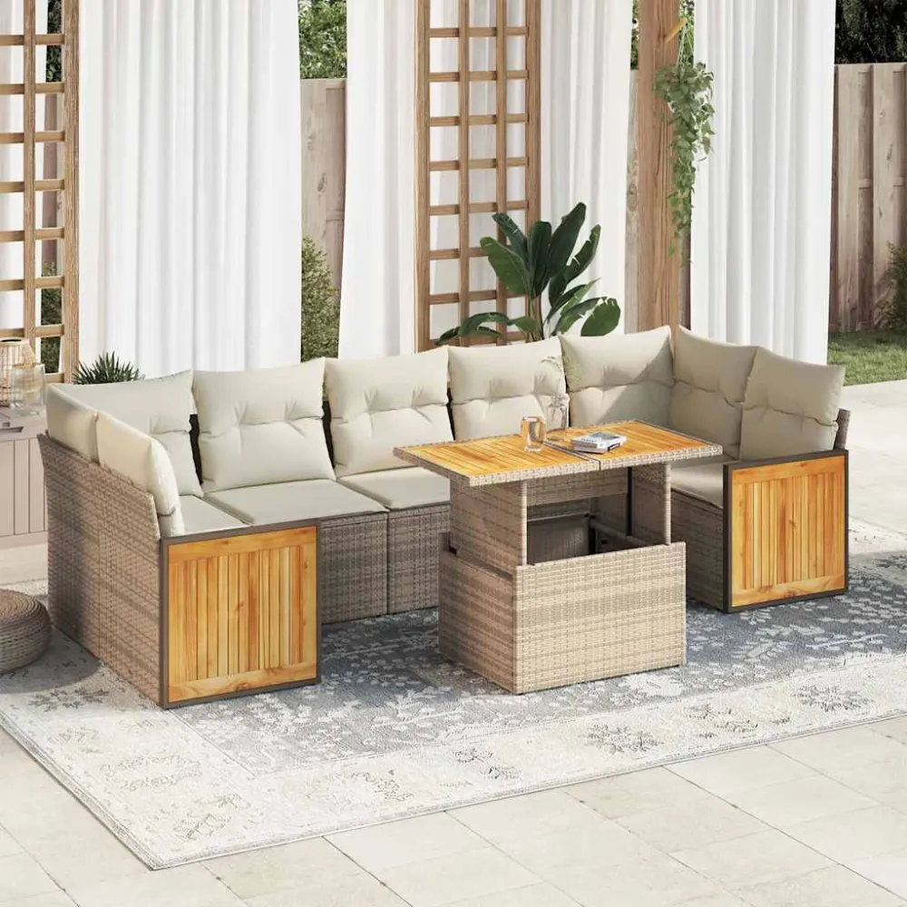 8-delige Loungeset met kussens poly rattan acacia beige vidaXL